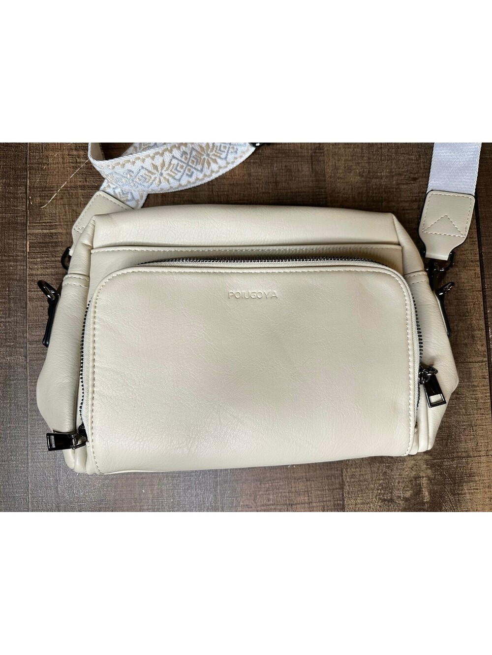 POLIGOYA Cream Crossbody Bag with Embroidered Strap